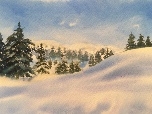 Original watercolour mountain landscape painting of Les Saisies on cotton paper by Sofia Palika
